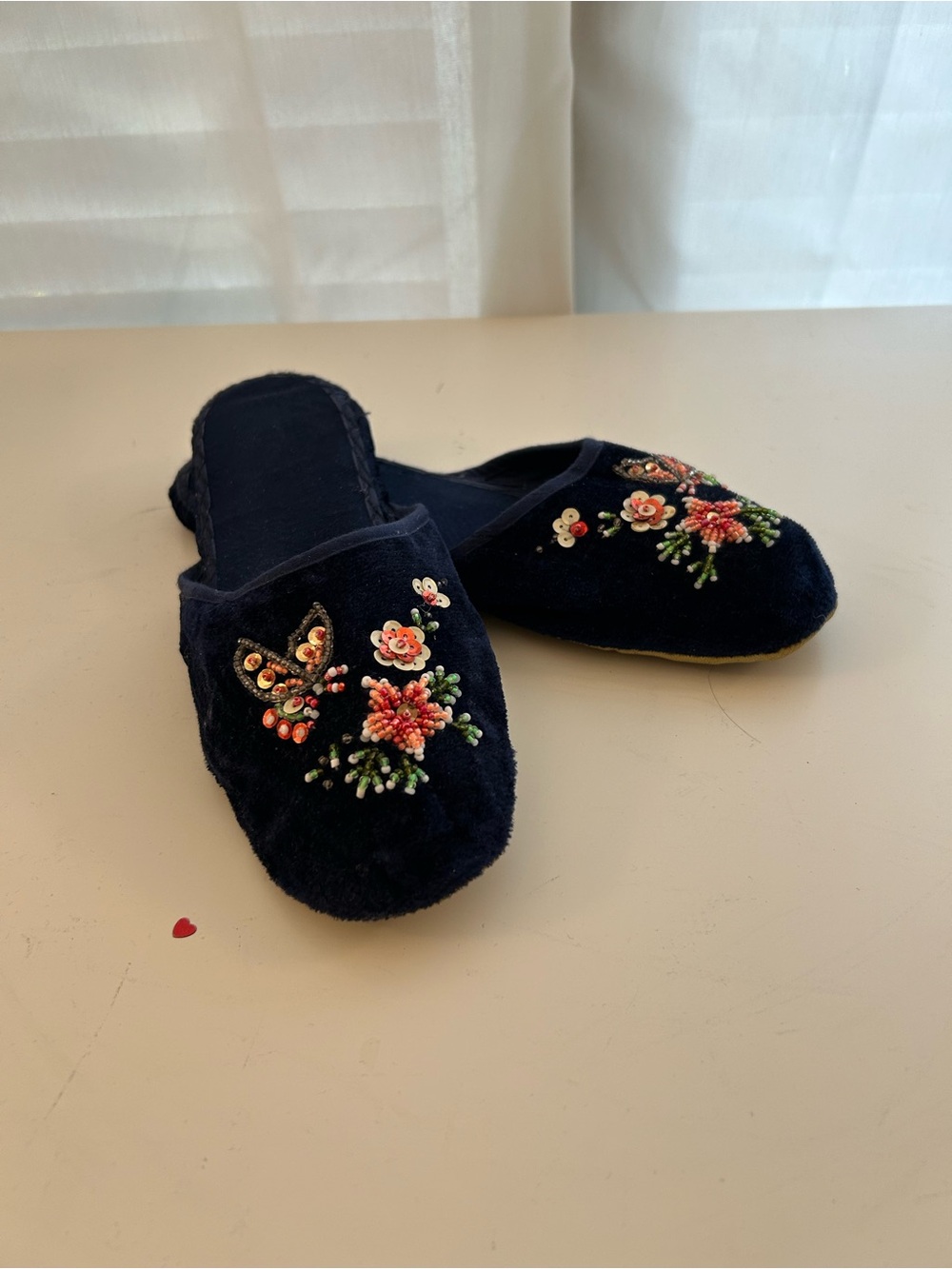 Vintage 1990’s Beaded Navy Velvet Slip-On Women’s Slippers Made in China